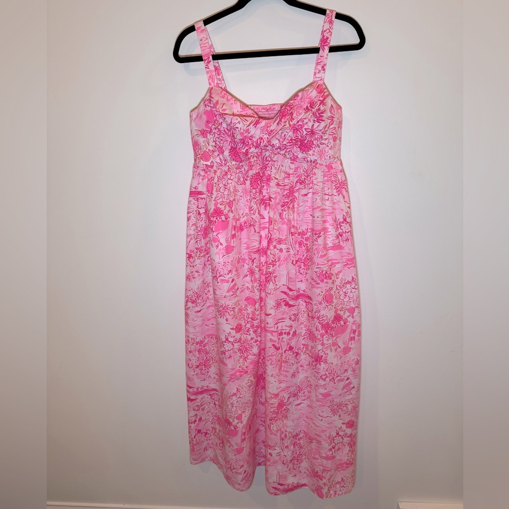 Lilly Pulitzer Azora Peony Pink Seaside Scene Cotton Midi Dress Ladies Sz 10